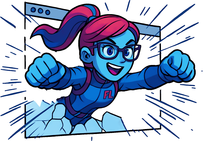 Vizzi, the superhero mascot, flying with determination