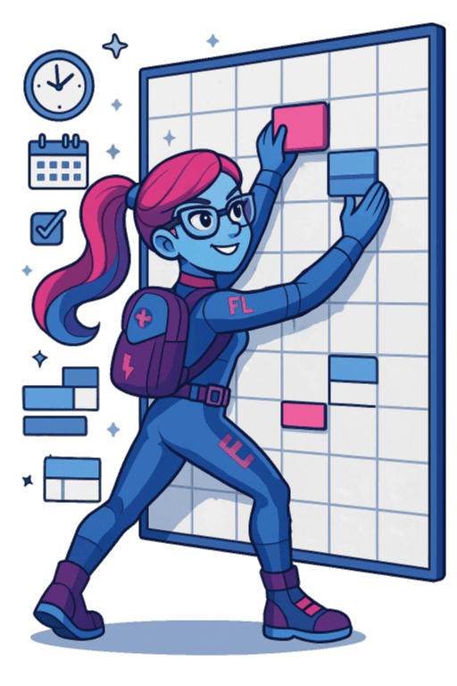 Vizzi mascot organizing a calendar and planning schedule